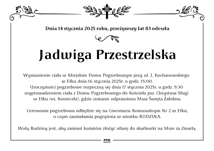 Jadwiga Przestrzelska - nekrolog